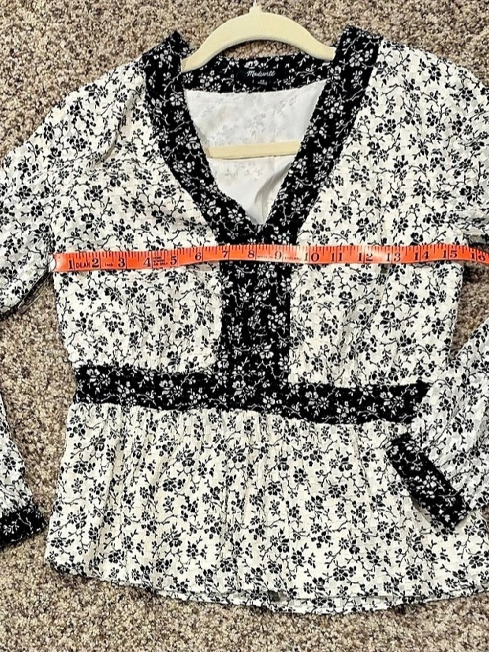 Madewell HAF62 Floral Peplum Blouse in White & Black Size XS - Picture 5 of 10